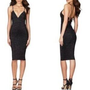 Nookie V‎ Neck Lace Up Back Shimmer Bodycon Midi Dress in Black Metallic Size XS